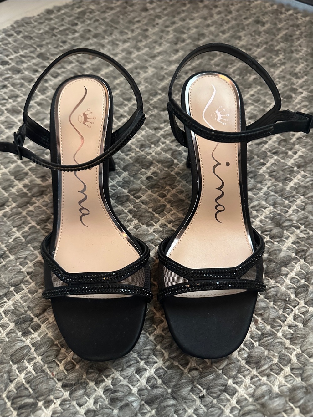 Nina Black Strappy Embellished Heels